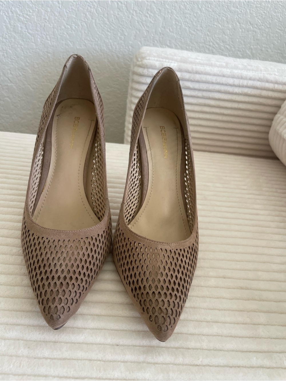 BCBGMaxAzria Taupe Perforated Pointed-Toe Heels